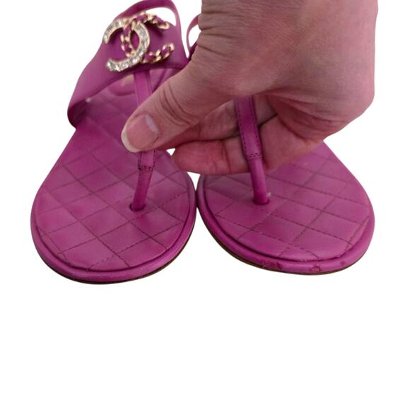 Chanel Pink Quilted Leather CC Logo Chain Crystal Slingback Sandals IT 36 US 5.5 - Picture 8 of 13